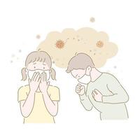 Young children are wearing masks and coughing. hand drawn style vector design illustrations.