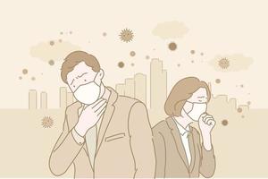 On a fine dusty day, a man and a woman in a city in suits are wearing masks and coughing. hand drawn style vector design illustrations.