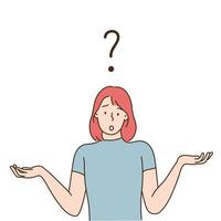 A woman with a question mark floating above her head is making a gesture of raising her shoulders. hand drawn style vector design illustrations.