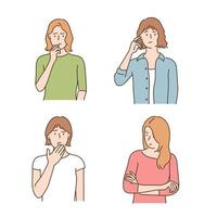 A female character with a sensitive and nervous expression. hand drawn style vector design illustrations.