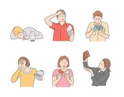 Sad people looking at empty wallets. hand drawn style vector design illustrations.