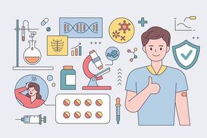 Vaccinated characters and medical laboratory equipment. flat design style minimal vector illustration.