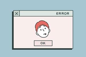 computer error screen. A man's face with a broken facial expression is floating in a pop-up window. hand drawn style vector design illustrations.