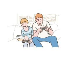 Dad and son are playing video games together. hand drawn style vector design illustrations.