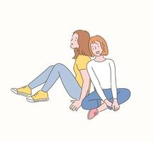 Two friends are sitting with their backs to each other. hand drawn style vector design illustrations.