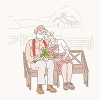 An elderly couple sits on a bench affectionately with each other. hand drawn style vector design illustrations.