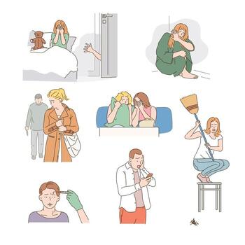 Various objects of fear that humans have. hand drawn style vector design illustrations.