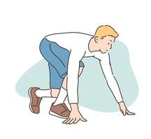 A man is in a warm-up position before running. hand drawn style vector design illustrations.