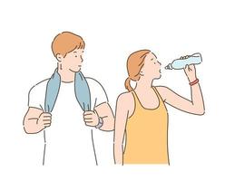 Man and woman exercising. The woman is drinking water and the man is wearing a towel and looking at him. hand drawn style vector design illustrations.