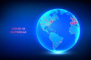 mapa mundial de casos confirmados de coronavirus 2019-ncov. planeta tierra globo con icono de países infectados por coronavirus covid-19. brote de covid 19 y concepto de riesgo de pandemia mundial. vector