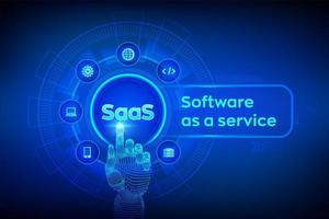 SaaS. Software as a service. Internet and technology concept on virtual screen. Development Concept. SAAS Computing IOT Industry. Robotic hand touching digital interface. vector