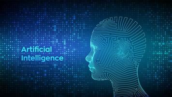 AI. Artificial intelligence concept. Abstract wireframe digital human face on streaming matrix digital binary code background. Human head in robot digital computer interpretation.