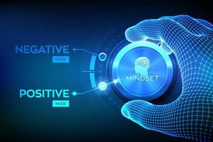 Positive or negative thinking. Feel happy or unhappy. Good or bad attitude. Wireframe hand turning a knob to switch from negative to positive mindset. Psychology Concept. vector