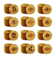 Cryptocurrency physical coins stack set. 3D Golden Crypto currency coins isolated on white background. Bitcoin, Ripple, Ethereum, Litecoin, Monero and other. vector
