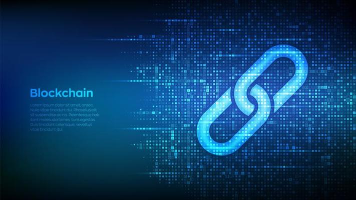Link icon made with binary code. Blockchain technology. Cooperation symbol. Communication, security, internet safety, connect concept. Digital code background with digits 1.0.