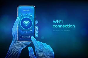 Wi Fi wireless connection concept. Free WiFi network signal technology internet concept. Closeup smartphone in wireframe hands. Mobile connection zone. Data transfer. vector