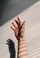 A view of shadows from blinds on a person's arm photo