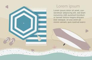 Summer beach banner with sea, sand, umbrella, flip flops and surfing board. Vector illustration in flat style.