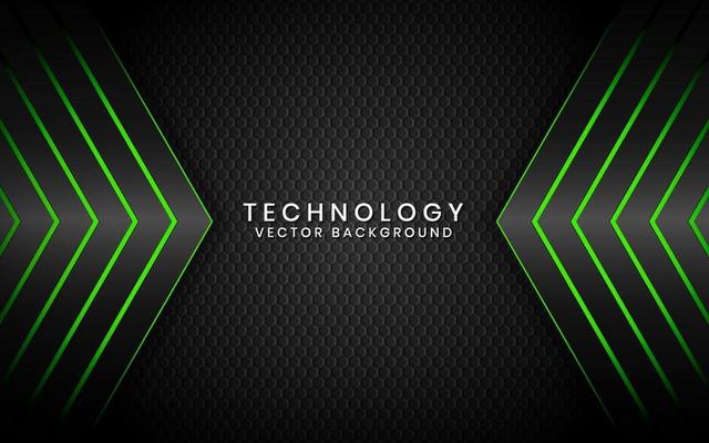 Abstract 3D black technology background overlap layers on dark space with green light effect decoration. Modern graphic design template elements for poster, flyer, brochure, or banner