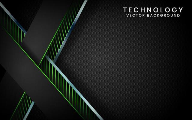 Abstract 3D black technology background overlap layers on dark space with green light effect decoration. Modern graphic design template elements for poster, flyer, brochure, or banner