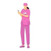 Nurse in pink uniform flat vector illustration. Medic with syringe cartoon character. Professional hospital midwife. Physician, doctor doing procedure. Medicine and healthcare worker isolated on white