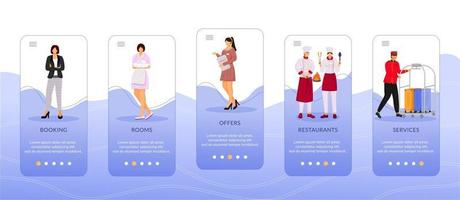 Hotel onboarding mobile app screen vector template. Walkthrough booking website steps with flat characters. Room reservation, special offer. UX, UI, GUI smartphone cartoon interface concept