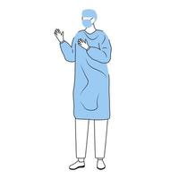 Surgeon flat vector illustration. Doctor in medical mask and gloves. Therapist, medic wearing blue coat cartoon character. General practitioner, physician preparing for checkup isolated on white