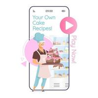 Your own cake recipes cartoon smartphone vector app screen. Confectionery. Man holding confection product. Mobile phone displays with flat character design mockup. Application telephone cute interface