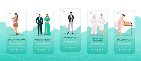 Hotel offers onboarding mobile app screen vector template. Walkthrough website steps with flat characters. Loyalty program, spa certificate. UX, UI, GUI smartphone cartoon interface concept