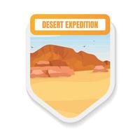 Desert expedition flat color vector badge. Arabic landscape. African dunes exploration. Journey, trip. Egypt wilderness tourism graphic sticker. Expedition isolated cartoon design element