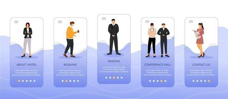 plantilla de vector de pantalla de aplicación móvil de incorporación de alojamiento de hotel. paso a paso del sitio web con caracteres planos. sala de conferencias, estacionamiento, reserva. concepto de interfaz de dibujos animados de smartphone ux, ui, gui