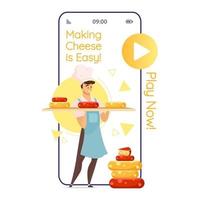 Making cheese is easy cartoon smartphone vector app screen. Cheesemaking game. Cheesemaker. Mobile phone displays with flat character design mockup. Application telephone cute interface