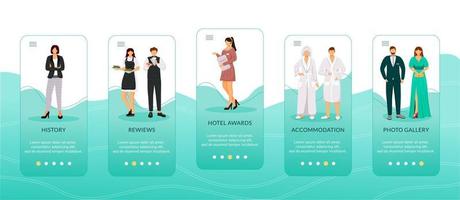 Booking onboarding mobile app screen vector template. Walkthrough travel website steps with flat characters. Hotel accomodation, service staff. UX, UI, GUI smartphone cartoon interface concept