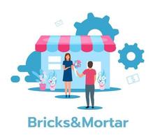 Bricks and mortar flat vector illustration. Retail store. Traditional flower shop. Face-to-face trading. Saleswoman and customer. Marketplace. Business model. Isolated cartoon character on white