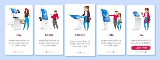 Plantilla de vector plano de pantalla de aplicación móvil de incorporación de pago en línea. pasos del sitio web del tutorial de kiosco de auto pedido con personajes. e software de compras ux, ui, interfaz de dibujos animados de teléfono inteligente gui