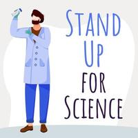 Stand up for science social media post mockup. Man with chemicals flask. Advertising web banner design template. Social media booster, content layout. Promotion poster, print with flat illustrations vector