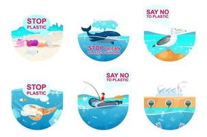 Plastic pollution in ocean flat concept icons set. Sea water contamination problem stickers, cliparts pack. Environment protection. Isolated cartoon illustrations on white background vector
