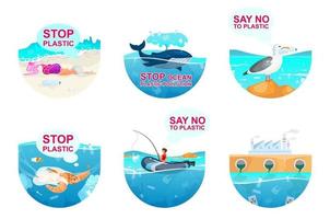 contaminación plástica en el océano iconos de concepto plano establecido. pegatinas de problema de contaminación del agua de mar, paquete de cliparts. proteccion Ambiental. ilustraciones de dibujos animados aislados sobre fondo blanco vector