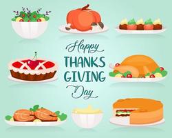 Happy Thanksgiving flat greeting card vector template. Different types of holiday dishes. Turkey and cherry pie. Postcard design with cartoon illustrations. Banner layout with typography