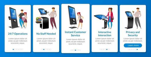 Instant customer service onboarding mobile app screen flat vector template. Self order kiosk walkthrough website steps with characters. Digital signage UX, UI, GUI smartphone cartoon interface