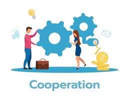 Cooperation flat vector illustration. Beneficial exchange. Partnership concept. Business model. Teamwork and collaboration. Workflow, job performance. Isolated cartoon character on white background