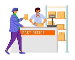 Post office female worker and customer flat color vector illustration. Sending parcel procedures. Post service delivery. Parcels collection point isolated cartoon character on white background