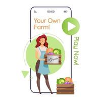 su propia pantalla de aplicación de vector de teléfono inteligente de dibujos animados de granja. juego de agricultura. mujer con verduras. pantallas de teléfonos móviles con maqueta de diseño de personajes planos. aplicación teléfono linda interfaz