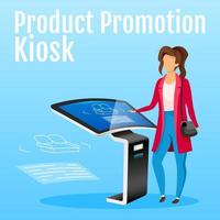 Product promotion kiosk social media post mockup. Freestanding interactive machine web banner design template. Woman with touch screen monitor content layout. Poster and flat illustration vector