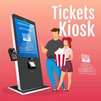 kiosco de entradas maqueta de publicación de redes sociales. Plantilla de diseño de banner web de máquina de auto pedido de entretenimiento. Pareja con palomitas de maíz cerca del cartel del mostrador interactivo del cine, anuncios impresos e ilustración plana vector