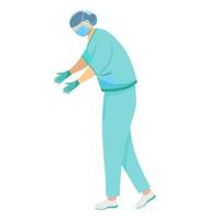 Surgical assistant flat vector illustration. Surgeon in medical mask, gloves, blue uniform and cap. Physician, doctor cartoon character. General practitioner, medic pose isolated on white background