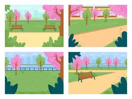 Spring park flat color vector illustration set