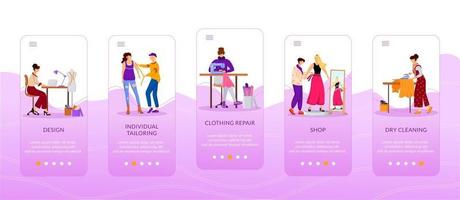 diseñadores de moda incorporando plantilla de vector plano de pantalla de aplicación móvil. confección individual. reparación de ropa. paso a paso del sitio web con personajes. ux, ui, interfaz gráfica de usuario del teléfono inteligente, juego de impresiones de la carcasa