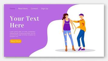 Fashion designer landing page flat color vector template. Taking measurements of female homepage layout. Design clothes one page website interface with cartoon illustration. Atelier banner, webpage