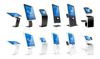 Self order kiosks realistic vector illustrations set. Modern interactive machines and internet software flat color objects. Payment terminals and atm constructions isolated on white background